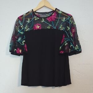 Black Mesh Floral Embroidered Blouse Whimsigoth Cottage Garden Fairy Grunge Boho